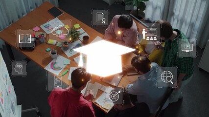 A dynamic office scene showcasing a diverse group of professionals engaged in a collaborative session, surrounded by visual icons representing education and business concepts. Raster - Powered by Adobe