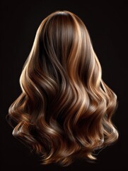 Naklejka premium Showcases long wavy brown hair with subtle highlights against a dark background, emphasizing its smooth texture and elegant appearance.