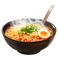 Steaming bowl of delicious ramen noodles with egg and chopsticks