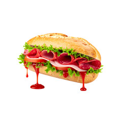Delicious deli sandwich with dripping red sauce on a black background