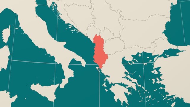 Albania map. Animated zoom into the country on the Globe in Teal Pale Mint color palette. Country logo animation. Map with meridians, parallels. Neat video.