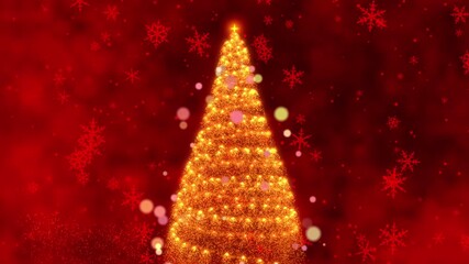 A Captivating Looping Animation Featuring a Radiantly Lit Christmas Tree Set Against a Festive Red Background Adorned with Snowflakes and Sparkling Effects. seamless loop - Powered by Adobe