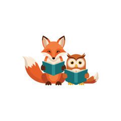 Cute fox and owl friends enjoy reading books together learning and friendship vector
