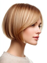 Fototapeta premium A short blonde bob haircut with straight layers and a sleek, polished appearance, showcasing modern hairstyle fashion.