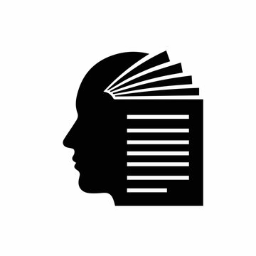 A compelling black and white icon featuring the silhouette of a profile face completely absorbed in reading. Horizontal lines, representing the pages of a book, form an integral part of the face
