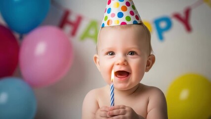 Baby celebrates first birthday with candle and balloons