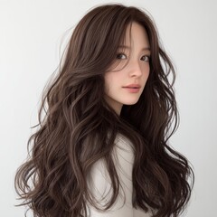 Naklejka premium A young woman with long wavy brown hair, showcasing an elegant and stylish hairstyle.