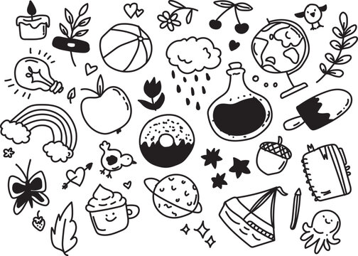 Cute Hand Drawn Doodle Icons Set in Black and White