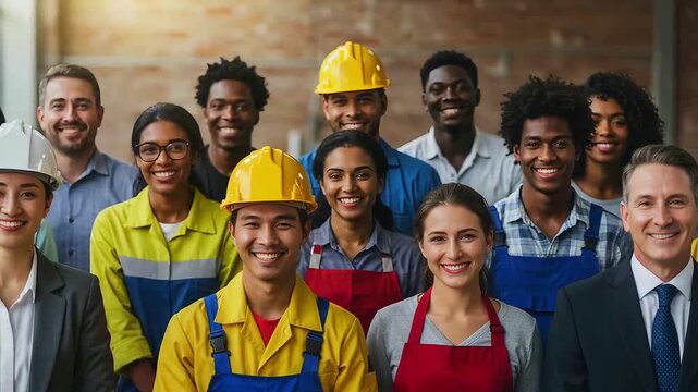 A diverse group of smiling people, some in work attire, pose together, indicating teamwork & success