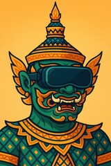 Thai mythological giant wearing virtual reality headset
