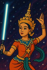 Thai classical dancer holding glowing lightsaber in space
