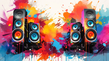 A dynamic display of brightly colored speakers fills the foreground, set against a lively city backdrop with neon lights, radiating excitement and rhythm in the nighttime urban environment.