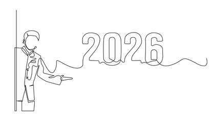 Continuous line drawing of a man welcoming the new year 2026. One line drawing of a man opening a door and giving a greeting. Single line vector illustration
