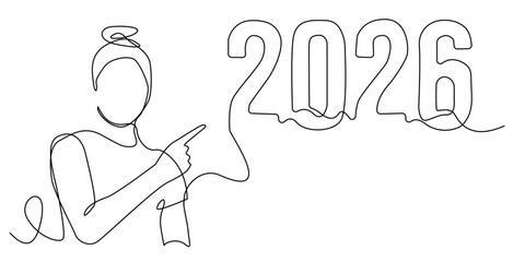 Continuous line drawing of a woman pointing to the number 2026. Single line new vision, optimism and forward-looking spirit for the coming year. Single line illustration.
