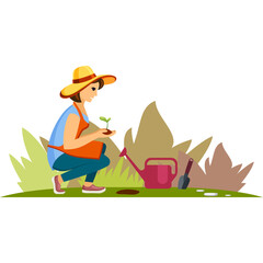 Woman in straw hat and apron planting seedling with watering can and trowel in garden outdoor sunny day nature background flat illustration