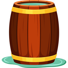 Wooden Barrel Filled With Water Standing On A Puddle With Yellow Bands And Blue Liquid Top In A Transparent Background Vector Illustration