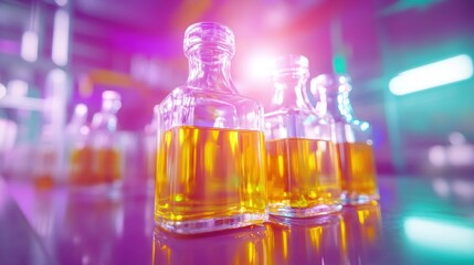 Bottles filled with freshly made orange juice line the factory processing area, showcasing the efficient bottling method in action with colorful lighting