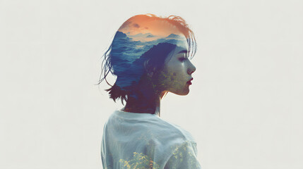 Double exposure portrait of a woman's silhouette with a nature landscape