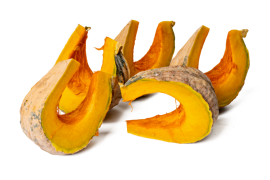 Photo of pumpkin taken with a high-resolution camera using the focus-stacking technique on a white background.