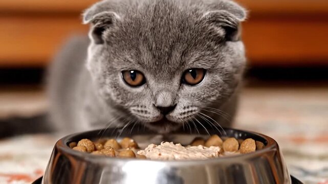 Adorable kitten eats food from a bowl enjoying a delicious meal.