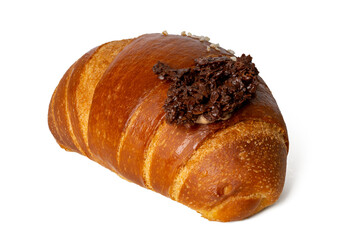 High-resolution photograph of a chocolate croissant isolate on white, taken with a high-resolution 45MP camera