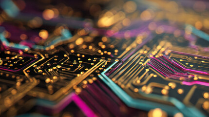 Vibrant gold and colorful circuit pathways on a futuristic microchip board showcasing intricate electronic connections and modern technology innovation close-up