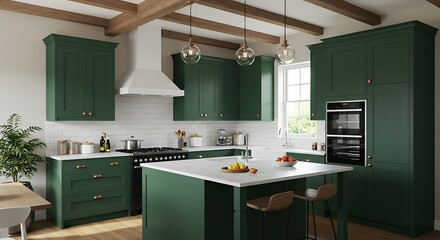 Residential interior of modern kitchen in luxury mansion, 3d rendering