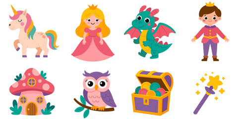 Estores personalizados com sua foto Unicorn, princess, dragon, prince, mushroom house, owl, treasure chest, and magic wand in a colorful fairy tale icon set. Perfect for children’s books and fantasy designs