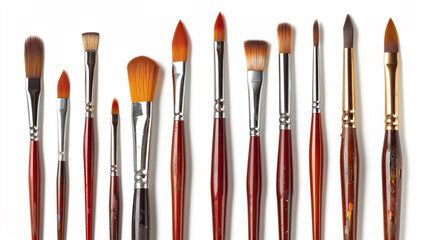A neat row of clean artist paintbrushes with red handles and various tip shapes on a white background. Art tools.