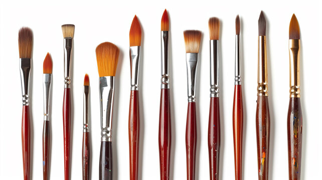A neat row of clean artist paintbrushes with red handles and various tip shapes on a white background. Art tools.