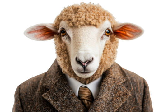 A sheep in a suit, isolate on white background, presenting a humorous and fashionable look. PNG