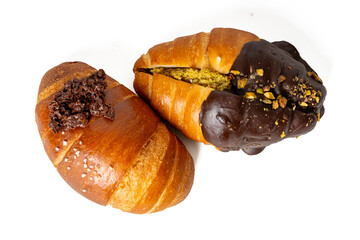 High-resolution photograph of a chocolate croissant isolate on white, taken with a high-resolution 45MP camera