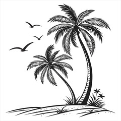 Tropical Palm Tree Silhouette Vector Illustration on Island