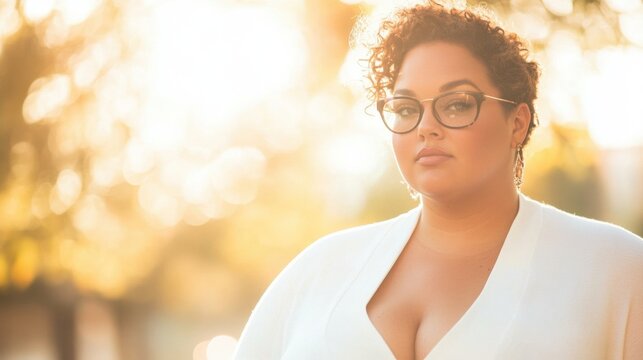 A confident plus size woman stands peacefully, basking in the warm sunlight during golden hour. Her stylish outfit and glasses highlight her beauty as she enjoys the moment outdoors