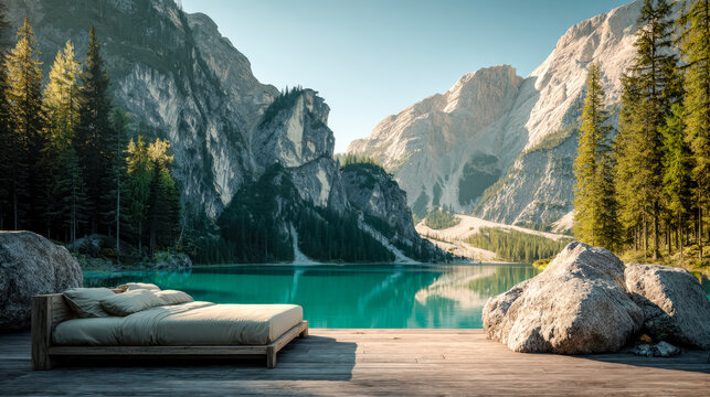 Tranquil lakeside retreat with mountain views and cozy outdoor sleeping area - Powered by Adobe