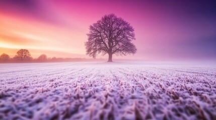 In a tranquil winter field, frosty grasses sparkle as soft mist envelops the landscape. A large tree stands proudly against a vivid sky at dawn, creating a peaceful scene