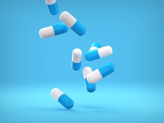 Falling blue white medicine pills capsules on blue background. 3D illustration