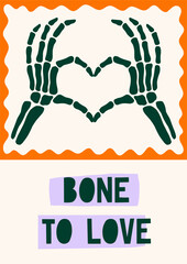Cutout playful Halloween vector illustration. Cute retro groovy fall poster design with skeleton hand in whimsical frame