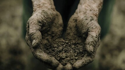 Obraz premium Weathered hands of an elderly gardener carefully hold rich soil, symbolizing care and dedication to nurturing plants in the tranquil garden environment