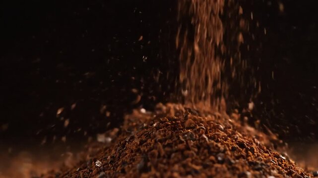 Close up of coffee beans falling into a pile on a dark background.