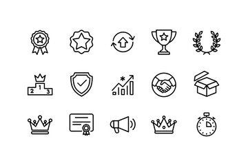 Award and achievement line icon set. Business success, quality, and performance symbols. Trophy, medal, podium, and certificate for winner recognition and motivation.