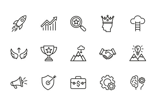 Business success and achievement icon set. Thin line vector symbols for startup, growth, leadership, strategy, and finance. Pictograms like rocket, trophy, handshake, and gears.