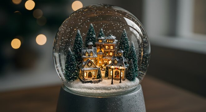A festive snow globe featuring illuminated miniature buildings and trees against a blurry backdrop - Powered by Adobe