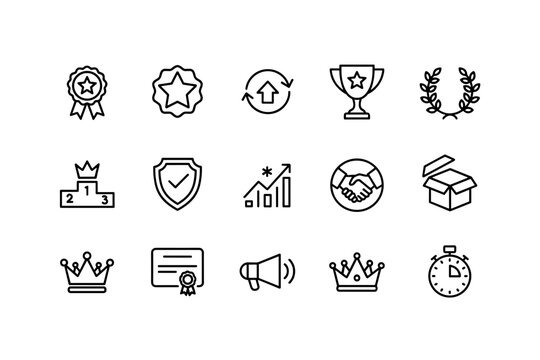 Award and achievement line icon set. Business success, quality, and performance symbols. Trophy, medal, podium, and certificate for winner recognition and motivation. - Powered by Adobe