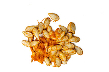 High-resolution photograph of fresh pumpkin seeds isolate on white, taken with a high-resolution 45MP camera