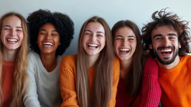 A group of diverse young adults laughing together in a studio creating joyful moments, perfect for
