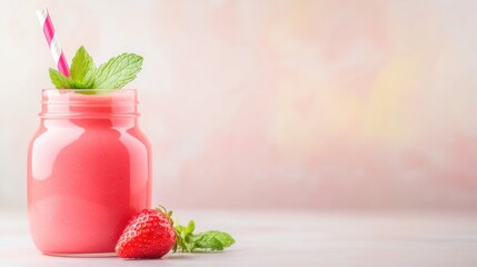 Delicious strawberry smoothies in a mason jar come with a mint garnish and a colorful straw. Perfect for a refreshing drink on a warm day, presenting delightful flavors