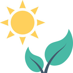 Yellow Sun Shining Brightly Above Two Green Leaves on a Transparent Background