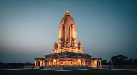 Magnificent ancient stone temple illuminated at twilight casting a warm glow on the intricately carved architecture against a clear dusky sky creating a serene spiritual atmosphere