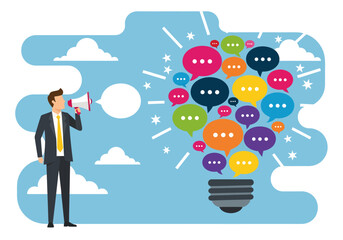 Businessman with megaphone and idea lightbulb